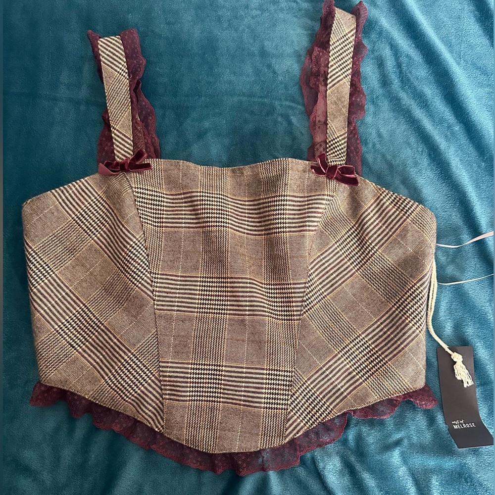 Tilly's Brown Plaid Corset Top with Burgundy Lace